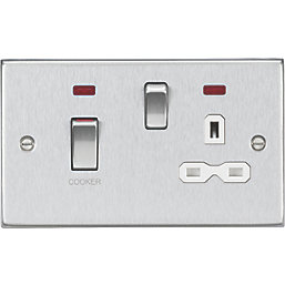 Knightsbridge  45 & 13A 2-Gang DP Cooker Switch & 13A DP Switched Socket Brushed Chrome with LED with White Inserts
