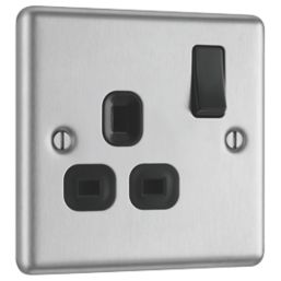 LAP  13A 1-Gang SP Switched Plug Socket Brushed Stainless Steel  with Black Inserts