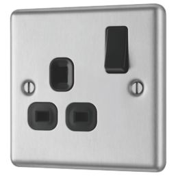 LAP  13A 1-Gang SP Switched Plug Socket Brushed Stainless Steel  with Black Inserts