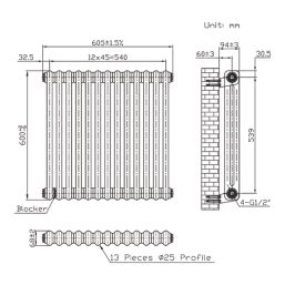 Flomasta 600mm x 605mm 2087BTU Anthracite Horizontal 2 Column Radiator