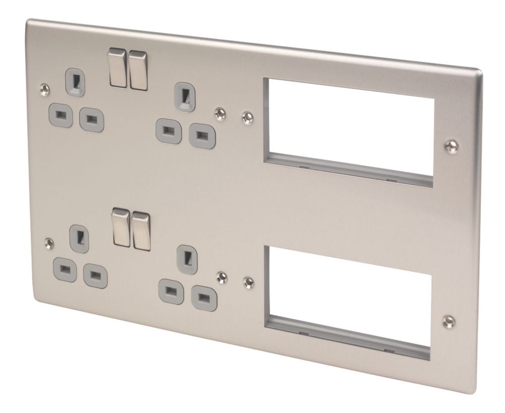 British General Nexus Metal 13A 4-Gang DP Combination Plate Brushed Steel with Grey Inserts
