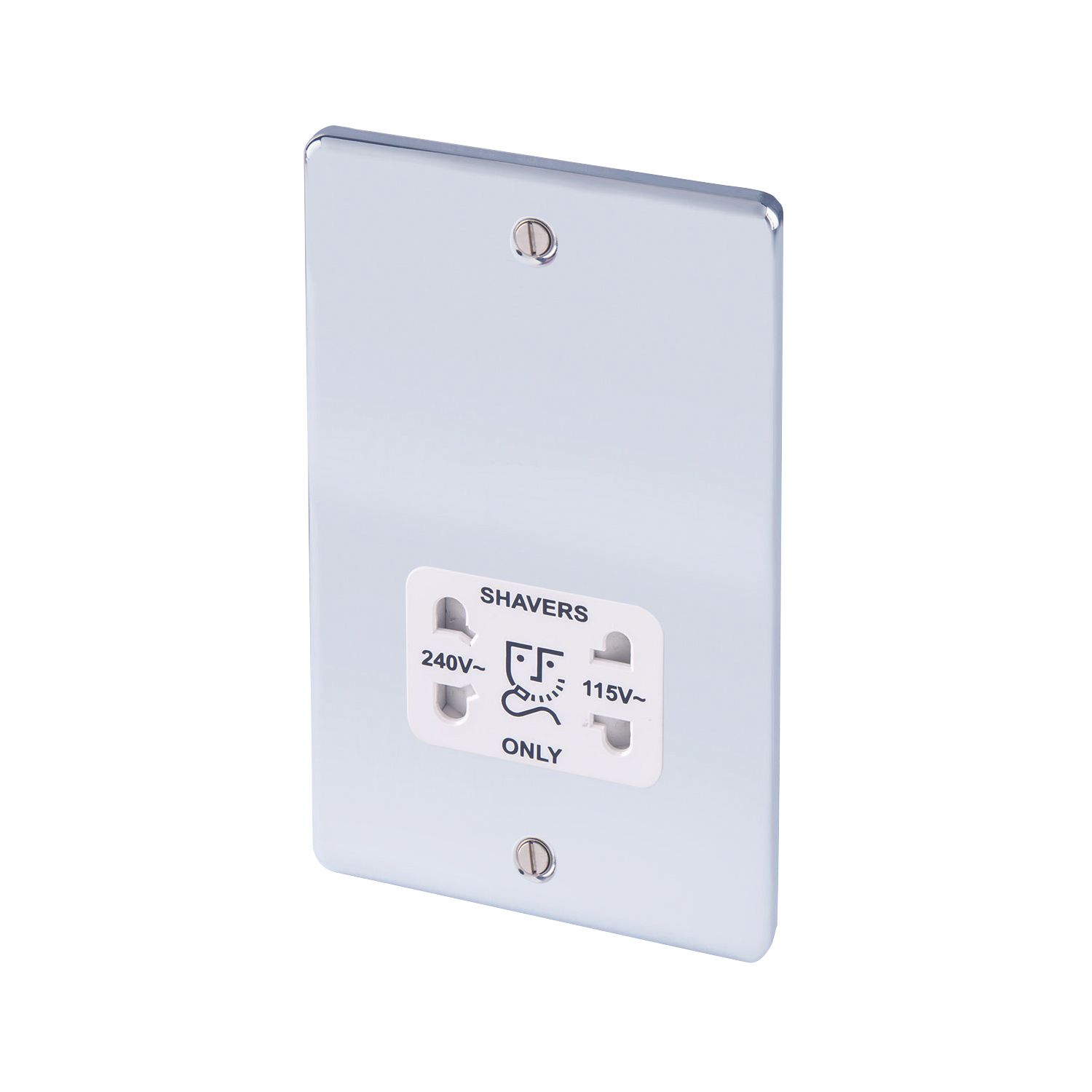 LAP 2-Gang Dual Voltage Shaver Socket 115 / 240V Polished Chrome with White Inserts (32450)