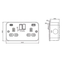 Knightsbridge  13A 2-Gang SP Switched Metal Clad Socket + 5A 20W 2-Outlet Type A & C USB Charger with Black Inserts