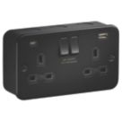 Knightsbridge  13A 2-Gang SP Switched Metal Clad Socket + 5A 20W 2-Outlet Type A & C USB Charger with Black Inserts