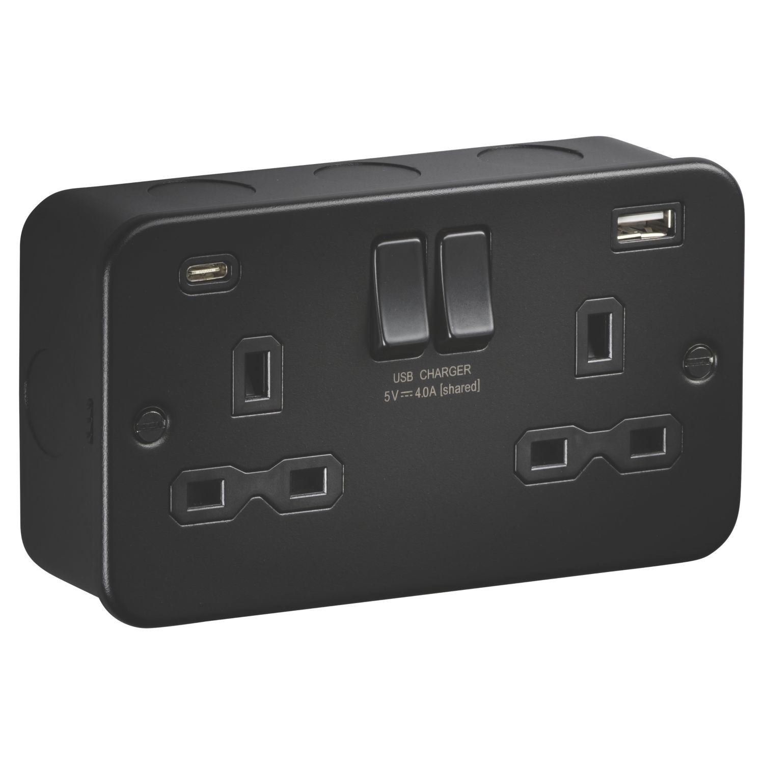 Knightsbridge 13A 2-Gang SP Switched Metal Clad Socket + 5A 20W 2-Outlet Type A & C USB Charger with Black Inserts (324AM)