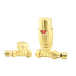 ETAL Danva 15mm x 1/2" Brushed Brass Straight & L/S Modern Thermostatic Radiator Valve & Lockshield