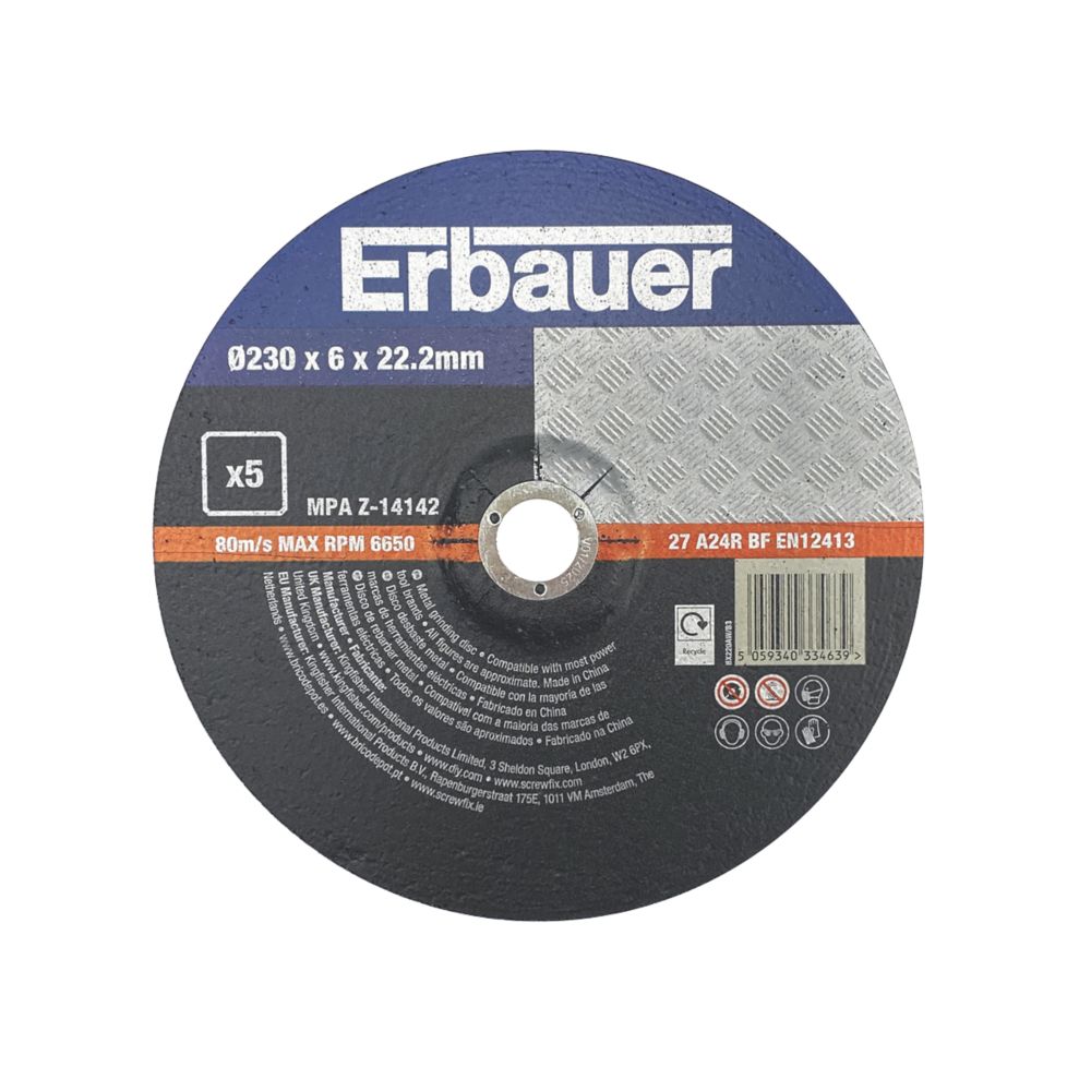 Erbauer Metal Grinding Discs 9" (230mm) x 6mm x 22.2mm 5 Pack Screwfix