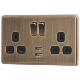 Arlec  13A 2-Gang SP Switched Socket + 4A 15W 2-Outlet Type A USB Charger Antique Brass with Black Inserts