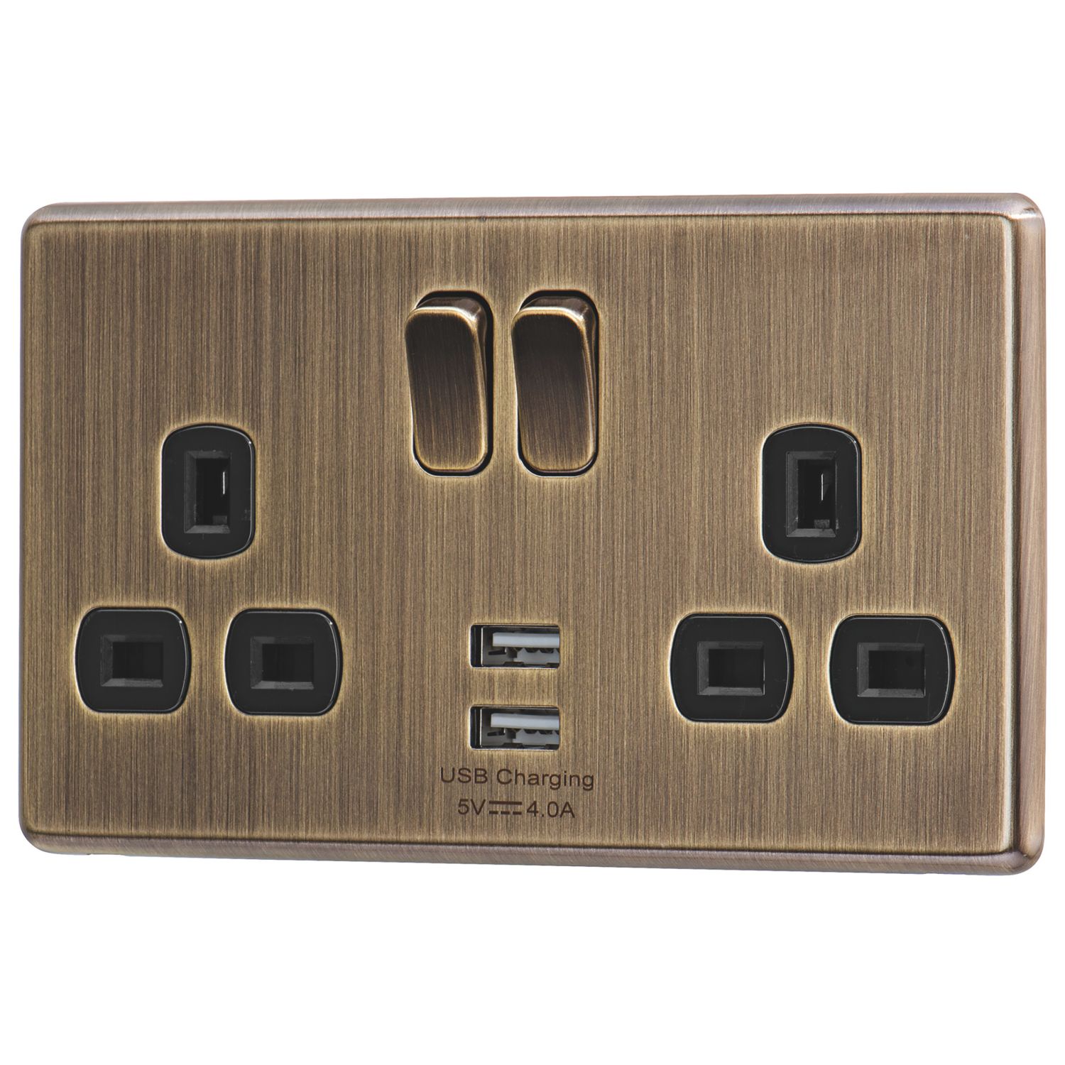 Arlec 13A 2-Gang SP Switched Socket + 4A 15W 2-Outlet Type A USB Charger Antique Brass with Black Inserts (325RU)