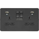 Knightsbridge SFR9904NMBB 13A 2-Gang SP Switched Socket + 2.4A 2-Outlet Type A USB Charger Matt Black with Black Inserts