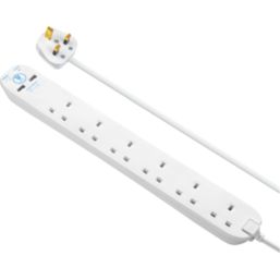 Masterplug 13A 6-Gang Unswitched Surge-Protected Extension Lead + 2.1A 2-Outlet Type A USB Charger White 2m