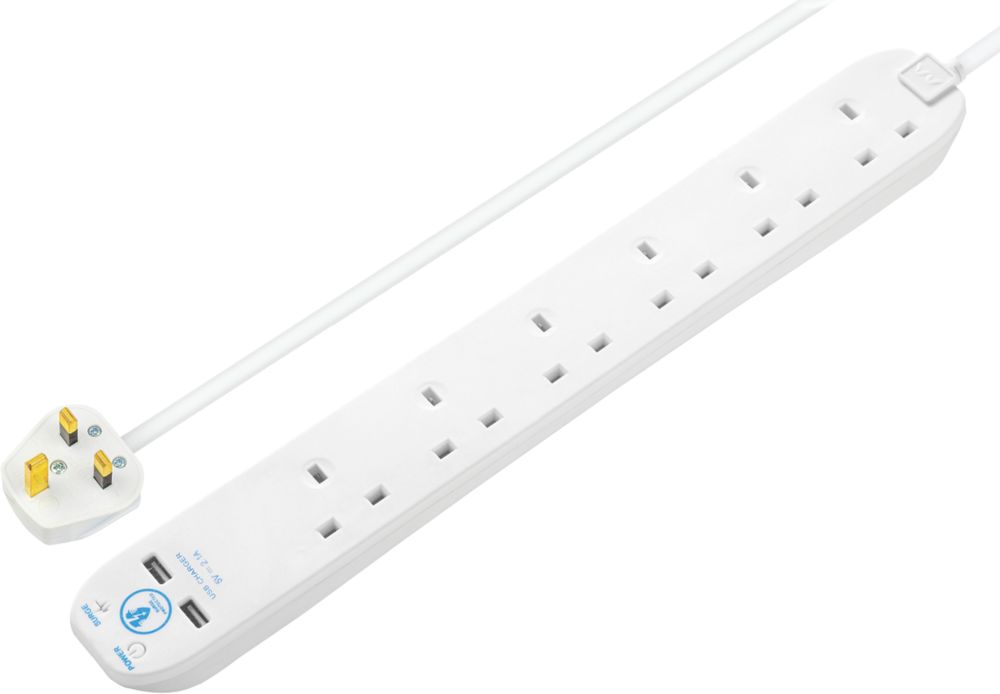 Masterplug 13A 6-Gang Unswitched Surge-Protected Extension Lead + 2.1A 2-Outlet Type A USB Charger White 2m