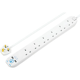 Masterplug 13A 6-Gang Unswitched Surge-Protected Extension Lead + 2.1A 2-Outlet Type A USB Charger White 2m