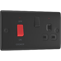 British General Nexus Metal 45A 2-Gang DP Cooker Switch & 13A DP Switched Socket Matt Black LED Flush Indicator with Colour-Matched Inserts
