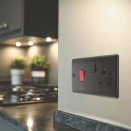 British General Nexus Metal 45A 2-Gang DP Cooker Switch & 13A DP Switched Socket Matt Black LED Flush Indicator with Colour-Matched Inserts