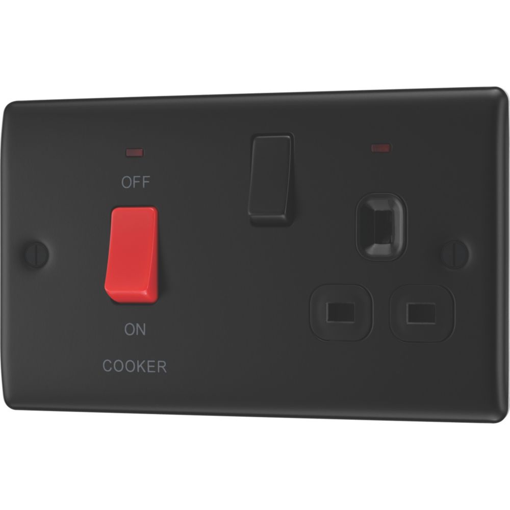 British General Nexus Metal 45A 2-Gang DP Cooker Switch & 13A DP Switched Socket Matt Black LED Flush Indicator with Colour-Matched Inserts
