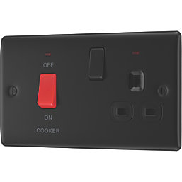 British General Nexus Metal 45A 2-Gang DP Cooker Switch & 13A DP Switched Socket Matt Black LED Flush Indicator with Colour-Matched Inserts