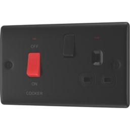 British General Nexus Metal 45A 2-Gang DP Cooker Switch & 13A DP Switched Socket Matt Black LED Flush Indicator with Colour-Matched Inserts