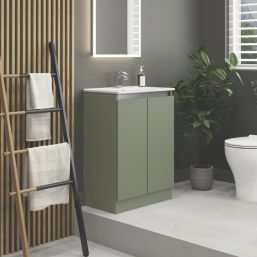 Newland  Double Door Floor Standing Vanity Unit with Basin Matt Sage Green 600mm x 370mm x 840mm