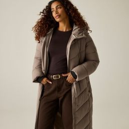 Regatta Eloria Womens Hooded Long Quilted Coat Mocha - 4S8 Size 12