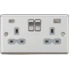 Knightsbridge  13A 2-Gang SP Switched Socket + 4.0A 20W 2-Outlet Type A & C USB Charger Brushed Chrome with Grey Inserts