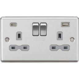 Knightsbridge  13A 2-Gang SP Switched Socket + 4.0A 20W 2-Outlet Type A & C USB Charger Brushed Chrome with Grey Inserts