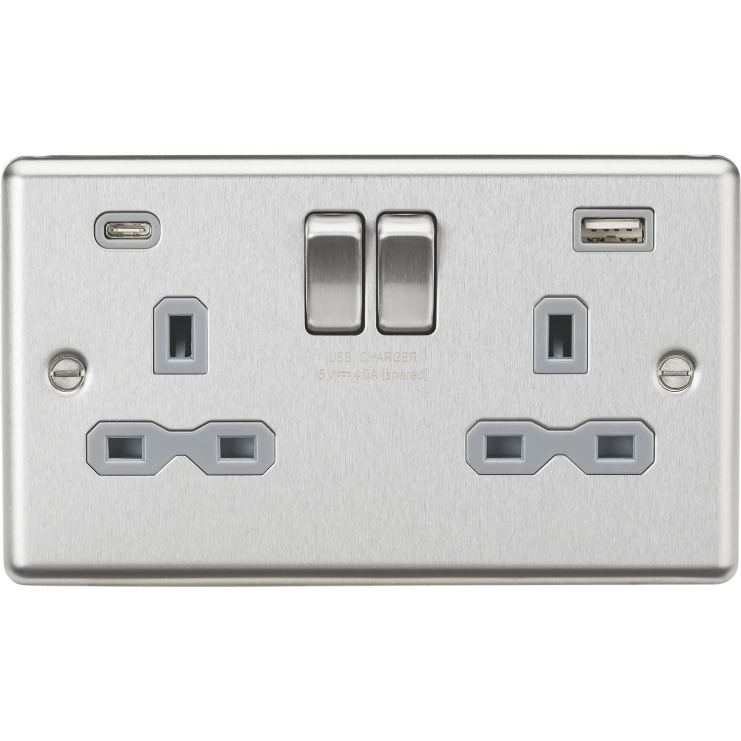 Knightsbridge 13A 2-Gang SP Switched Socket + 4.0A 20W 2-Outlet Type A & C USB Charger Brushed Chrome with Grey Inserts (329PX)