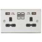 Knightsbridge  13A 2-Gang SP Switched Socket + 2.4A 12W 2-Outlet Type A USB Charger Brushed Chrome with Black Inserts