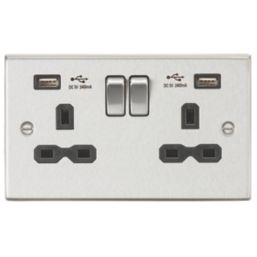 Knightsbridge  13A 2-Gang SP Switched Socket + 2.4A 12W 2-Outlet Type A USB Charger Brushed Chrome with Black Inserts