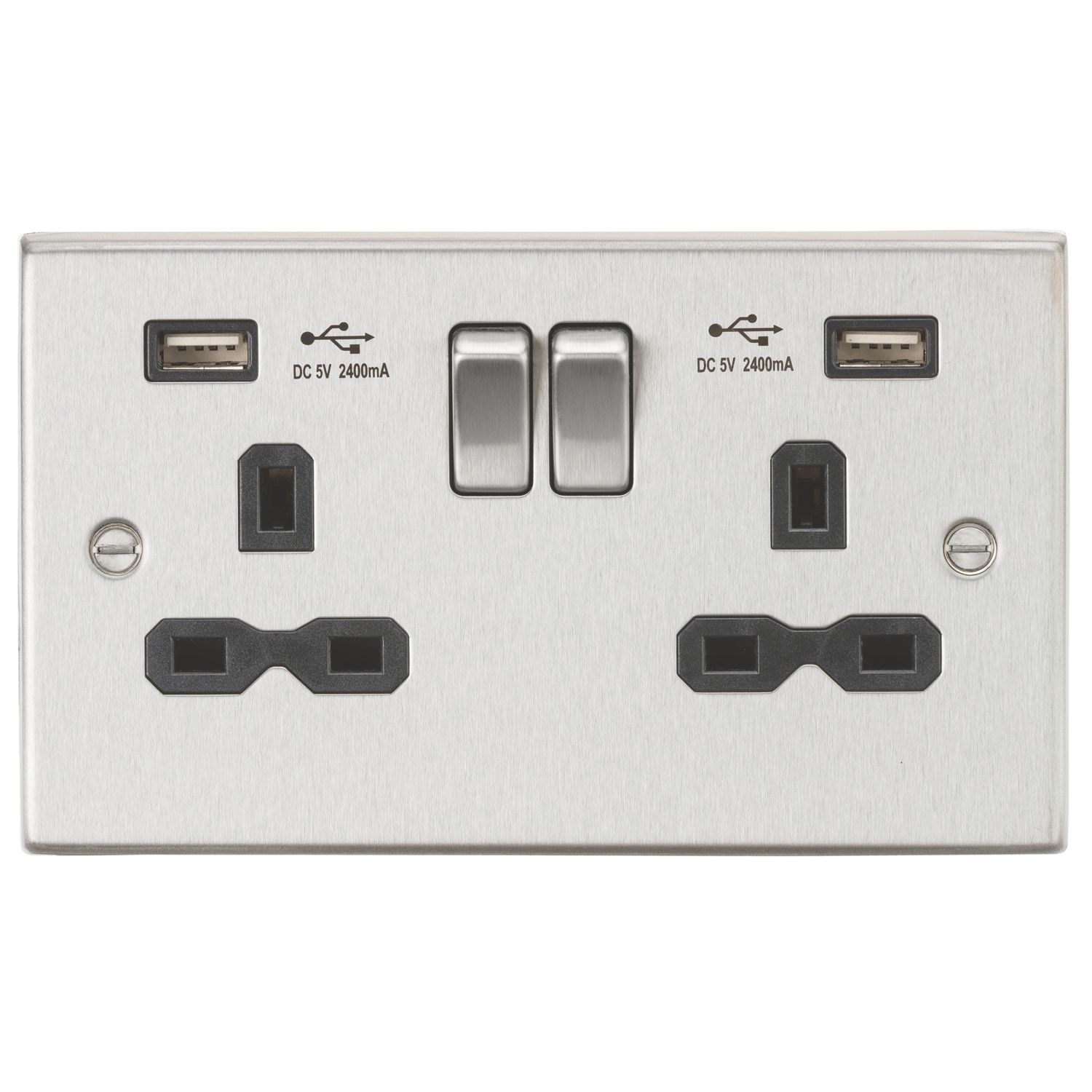 Knightsbridge 13A 2-Gang SP Switched Socket + 2.4A 12W 2-Outlet Type A USB Charger Brushed Chrome with Black Inserts (329TY)