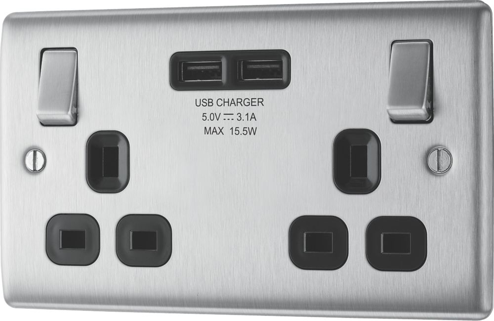 British General Nexus Metal 13A 2-Gang SP Switched Socket + 3.1A 15.5W 2-Outlet Type A USB Charger Brushed Steel with Black Inserts