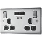 British General Nexus Metal 13A 2-Gang SP Switched Socket + 3.1A 2-Outlet Type A USB Charger Brushed Steel with Black Inserts
