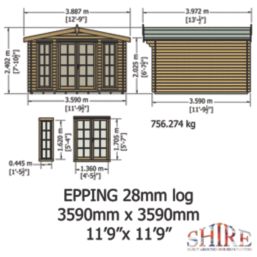 Shire Epping 3 12' x 12' (Nominal) Apex Timber Log Cabin