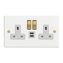 Varilight  13A 2-Gang SP Switched Socket + 3A 45W 2-Outlet Type C USB Charger Chalk White with White Inserts