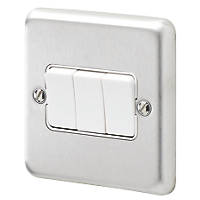 MK Albany Plus 10AX 3-Gang 2-Way Switch   Brushed Stainless Steel with White Inserts