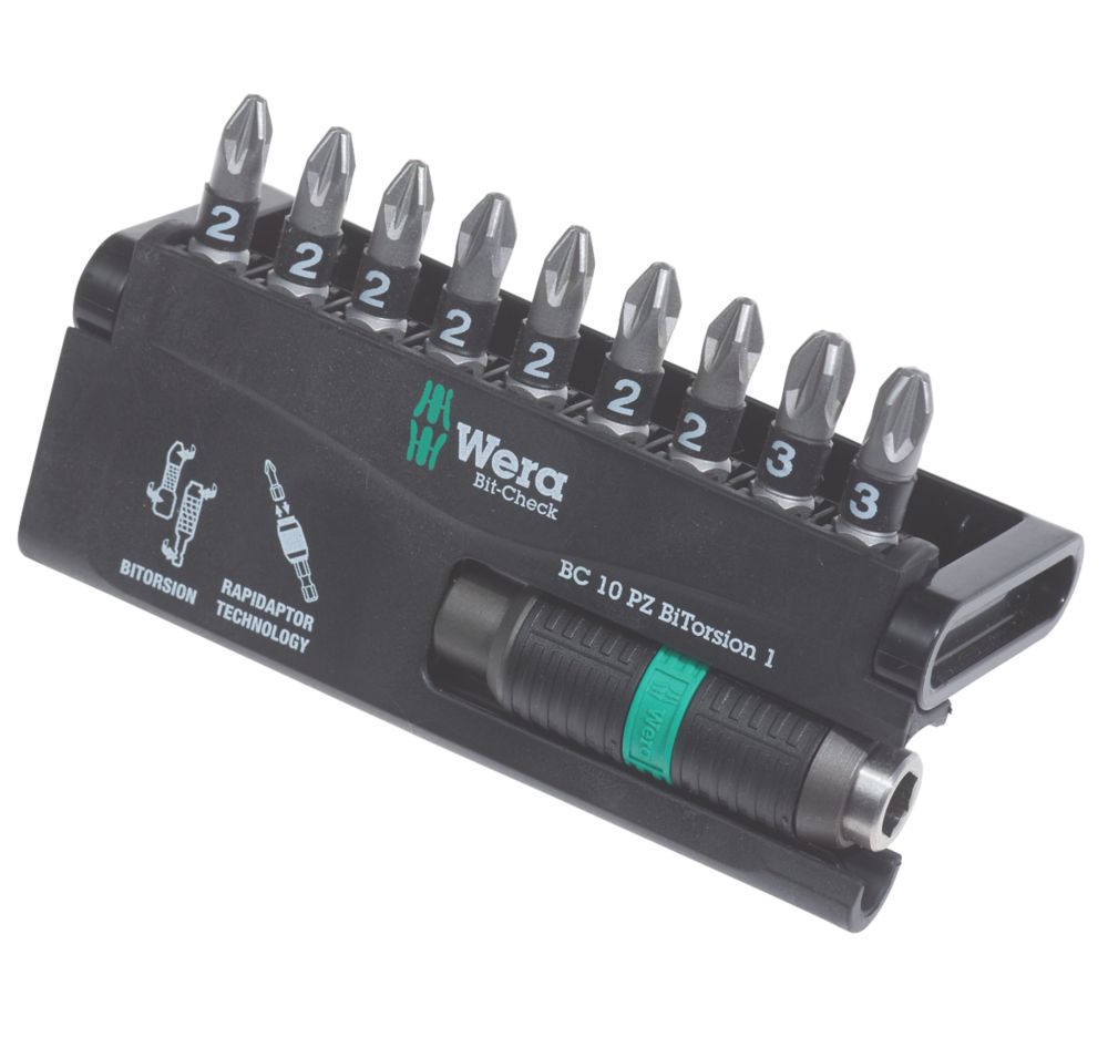 Wera BitCheck 1/4" Hex Shank PZ BiTorsion Tough Screwdriver Bit Set 10