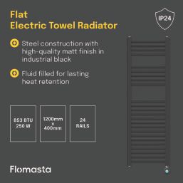 Flomasta 1200mm x 400mm 1364BTU Black Flat Electric Towel Radiator