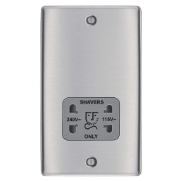 British General Nexus Metal 2-Gang Dual Voltage Shaver Socket 115 / 240V Brushed Stainless Steel with Graphite Inserts