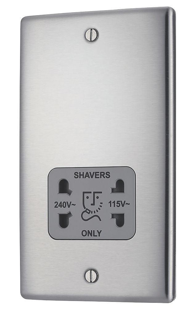 British General Nexus Metal 2-Gang Dual Voltage Shaver Socket 115 / 240V Brushed Stainless Steel with Graphite Inserts