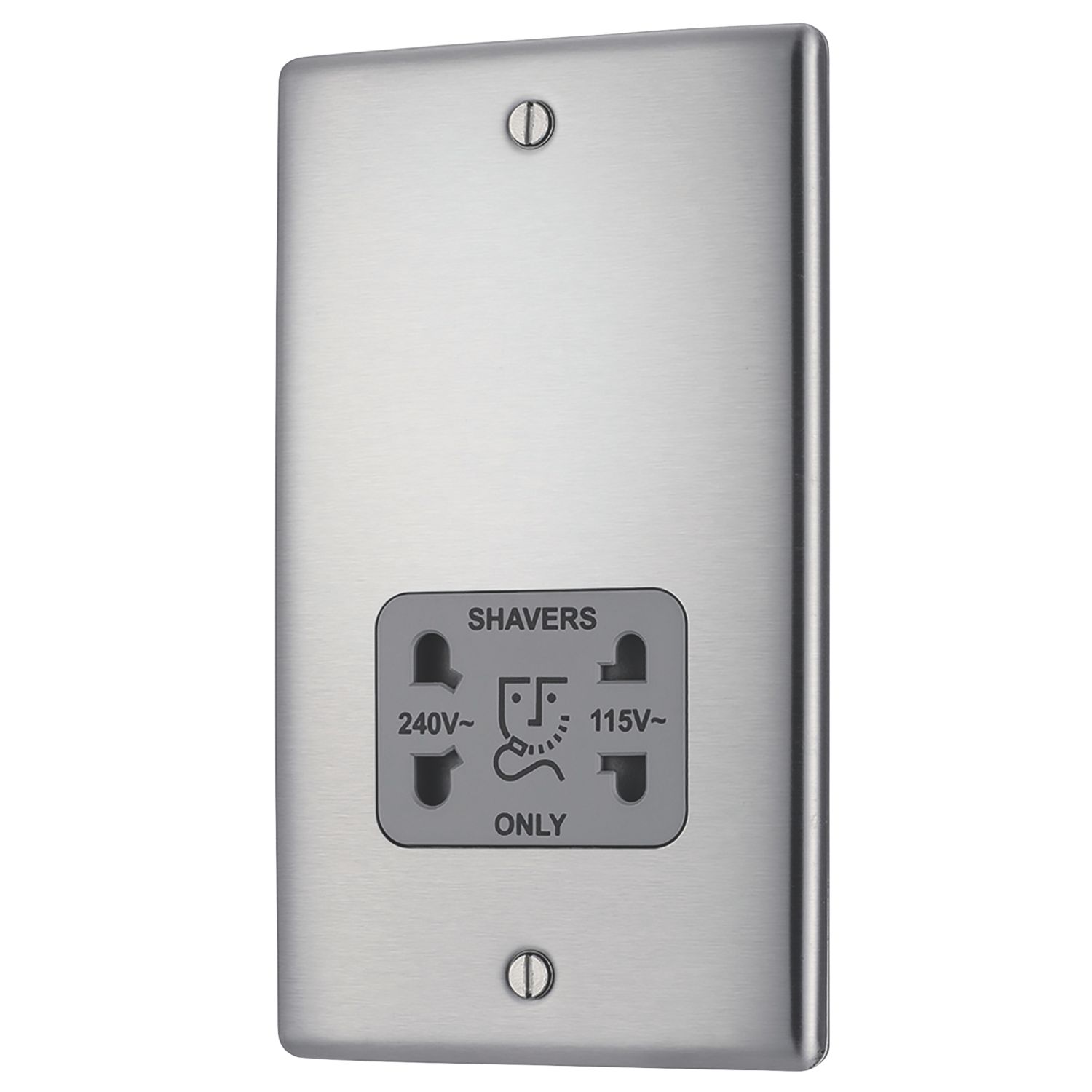 British General Nexus Metal 2-Gang Dual Voltage Shaver Socket 115 / 240V Brushed Stainless Steel with Graphite Inserts (33202)