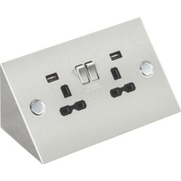 Knightsbridge  13A 2-Gang SP Switched Socket + 2.4A 12W 2-Outlet Type A USB Charger Stainless Steel with Black Inserts