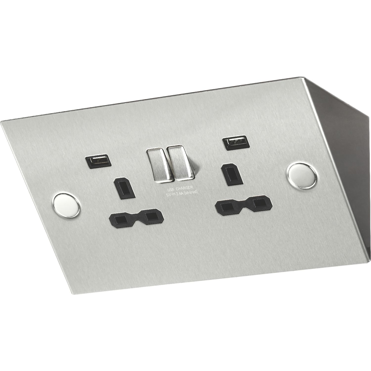 Knightsbridge 13A 2-Gang SP Switched Socket + 2.4A 12W 2-Outlet Type A USB Charger Stainless Steel with Black Inserts (333VF)