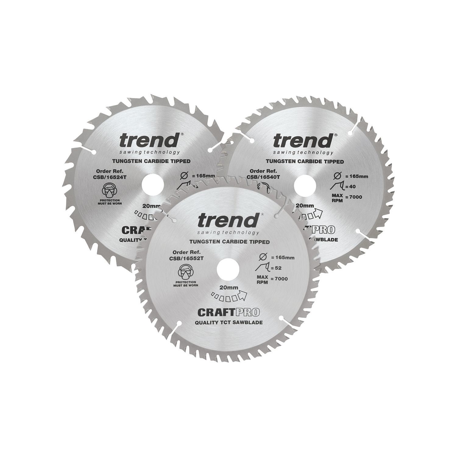 Trend CSB/165/3PK/B Wood/Chipboard/MDF Circular Saw Blade 165mm x 20mm 24/40/52T 3 Piece Set (333VW)