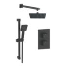 Iowa HP/Combi Flexible Concealed Matt Black Thermostatic Square Concealed Shower Mixer with Riser Handset & Overhead Outlet