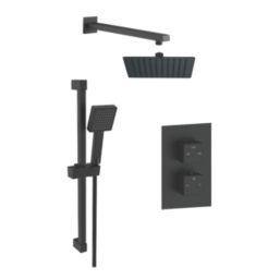 Iowa HP/Combi Flexible Concealed Matt Black Thermostatic Square Concealed Shower Mixer with Riser Handset & Overhead Outlet