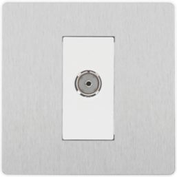 British General Evolve 1-Gang Coaxial TV / FM Socket Brushed Steel with White Inserts