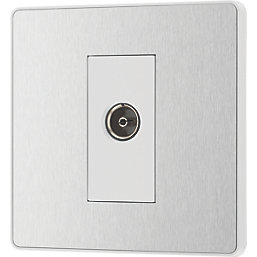 British General Evolve 1-Gang Coaxial TV / FM Socket Brushed Steel with White Inserts