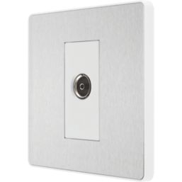 British General Evolve 1-Gang Coaxial TV / FM Socket Brushed Steel with White Inserts