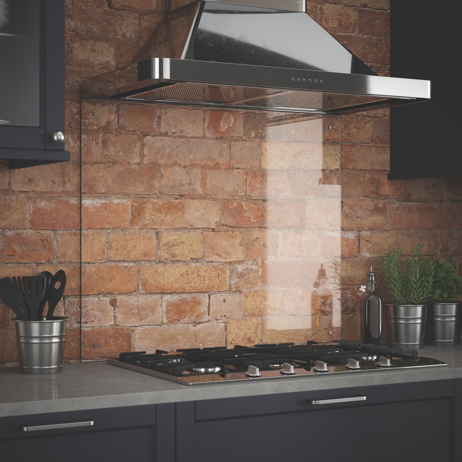 Splashback Clear with Brushed Chrome Caps Kitchen Splashback 900mm x 700mm x 6mm (334YR)