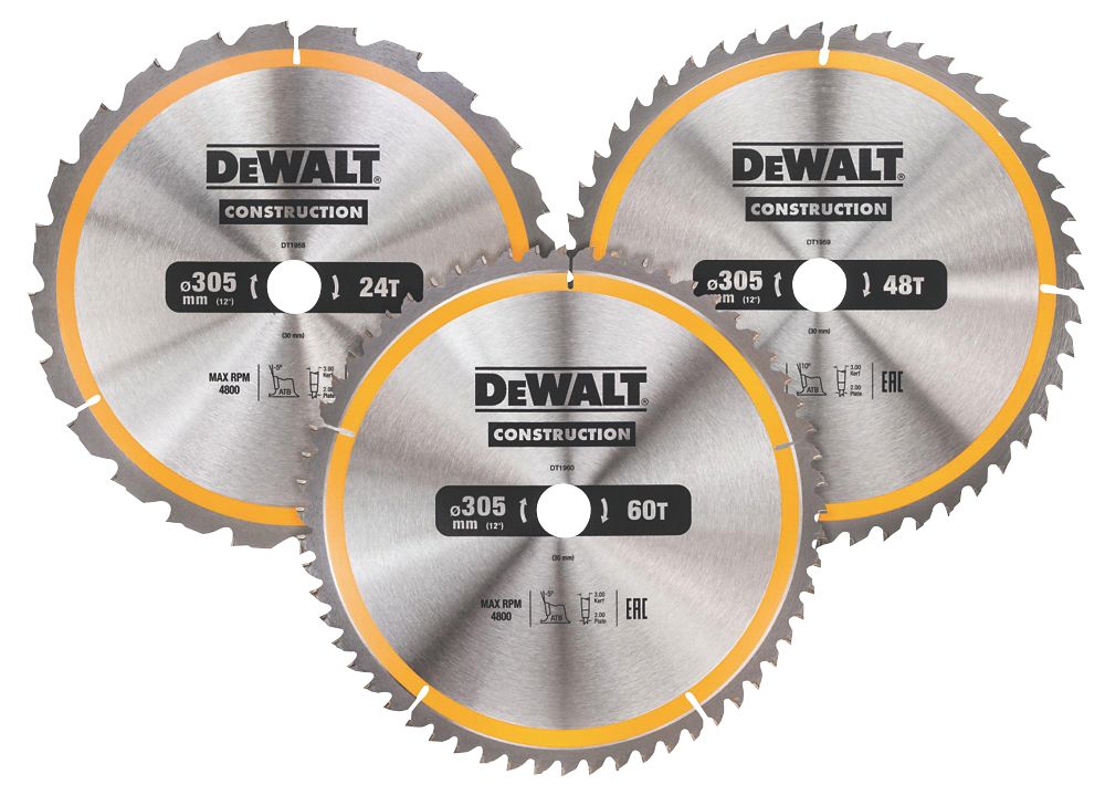 DeWalt Wood Circular Saw Blades 305mm x 30mm 24 48 60T 3 Pieces Screwfix